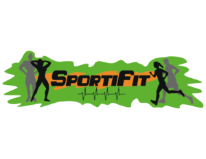 Logo SportiFit Schriftzug auf orange, grünem Hintergrund